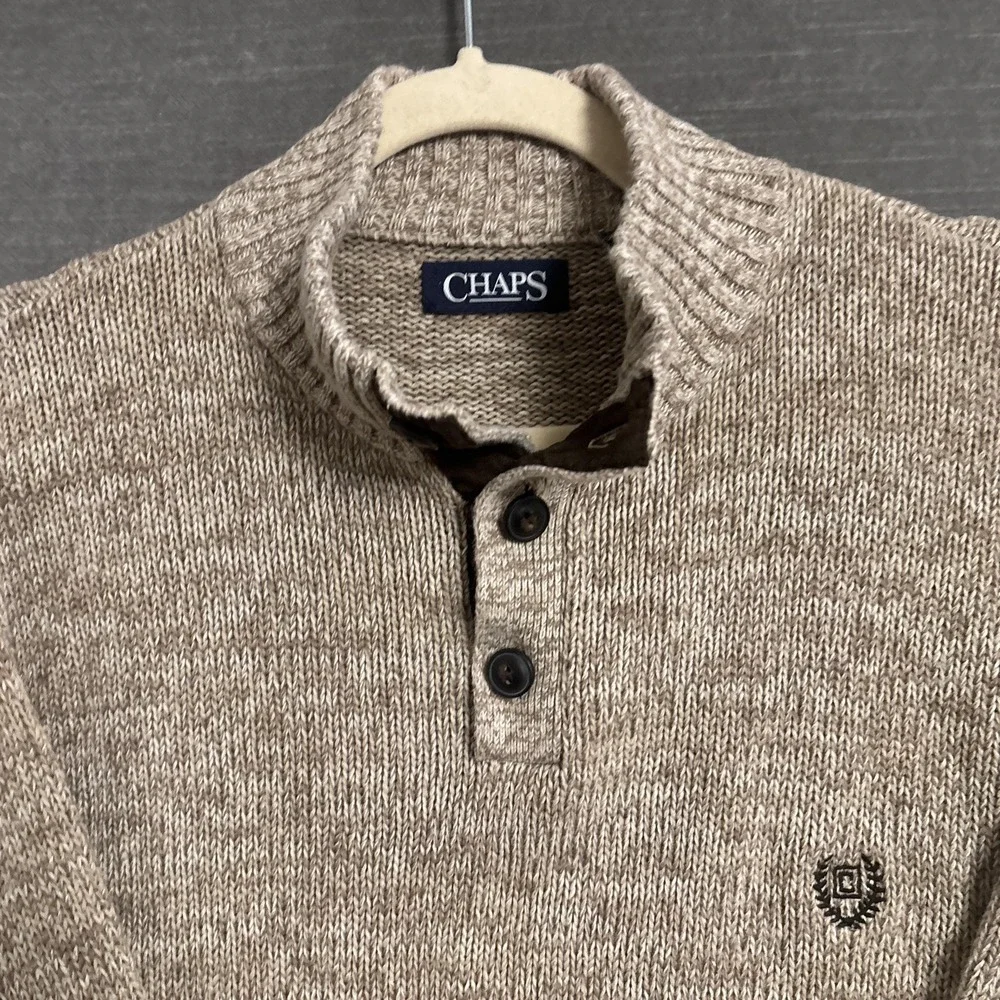 Chaps Sweater Mens XL Beige Solid Cotton Knit Henley Elbow Patches Pullover Prep